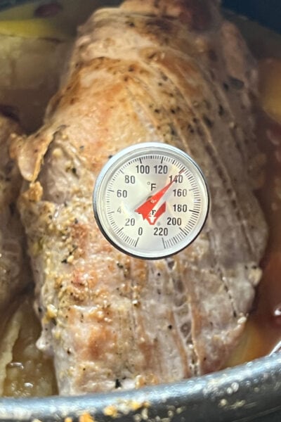 Instant read meat thermometer showing the internal temperature to be 140 degrees F.