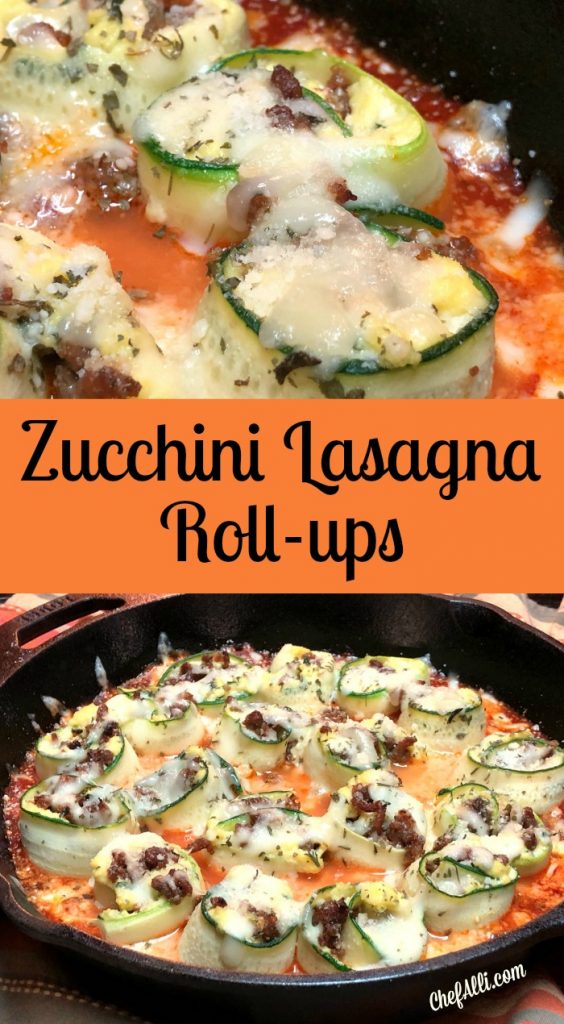 Are you craving the perfect blend of vegetables, meat, and sauce?  This Skillet-Baked Zucchini Lasagna Roll-Up is a low-carb one-skillet meal.  I was totally shocked by how delicious this meal is!  The texture is identical to lasagna and you don't miss the pasta at all! #lowcarb #lasagna #zucchini