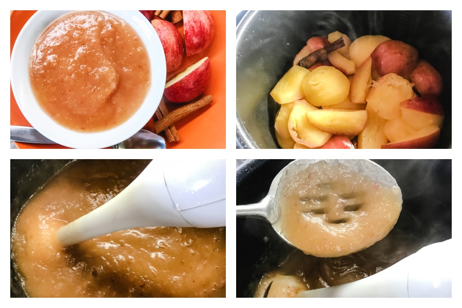 Three steps of processing applesauce once the apple are cooked.