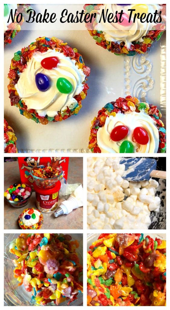 No-Bake Easter Nest Treats that are simple and easy to create.  Top each nest with whipped frosting, add the candy eggs and away you go....adorably festive and fun for celebrating Easter with your kiddos.