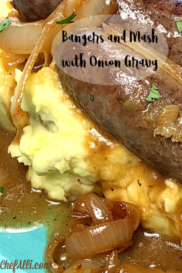 My family really enjoys this traditional St. Patrick's Day dish of cooked sausages (bangers) and mashed potatoes (mash) served with onion gravy and made in minutes right in our Instant Pot.  #bangersandmash #instantpot #StPatricksDay 