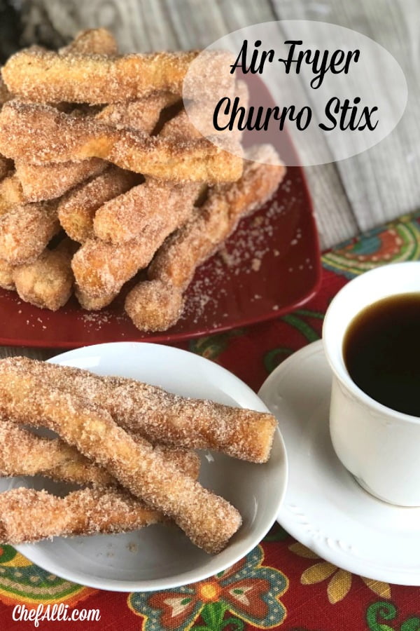 Feather-light, tender puff pastry stix dipped into butter, then rolled in cinnamon-sugar.  These little suckers melt in your mouth! #airfryer