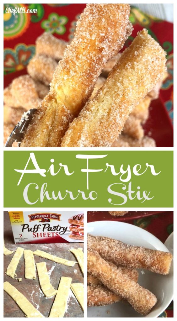 Feather-light, tender puff pastry stix dipped into butter, then rolled in cinnamon-sugar.  These little suckers melt in your mouth! #airfryer