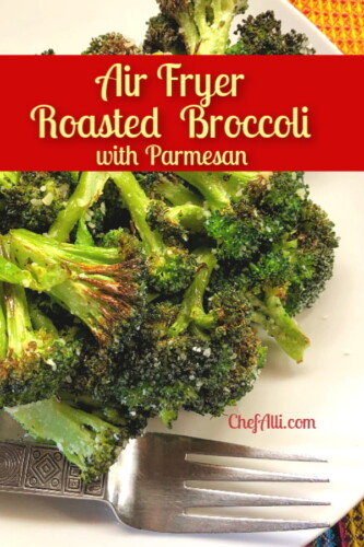 Air fryer broccoli with a fork on a plate