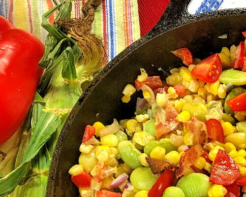 Cajun Sweet Corn Medley (aka Maque Choux in the deep South) is a traditional summer side dish that combines sweet corn and vegetables with BACON to make a tasty and colorful addition to any meal.