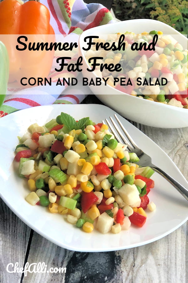 Here's a fat-free salad that's crunchy, fresh, and chock-full of vegetables. I also love how colorful this Sweet Corn and Baby Pea Salad with Jicama is. And talk about delicious on a hot summer day! #summer #salad #fresh #vegetables #crunchy #jicama #sweetcorn #babypeas