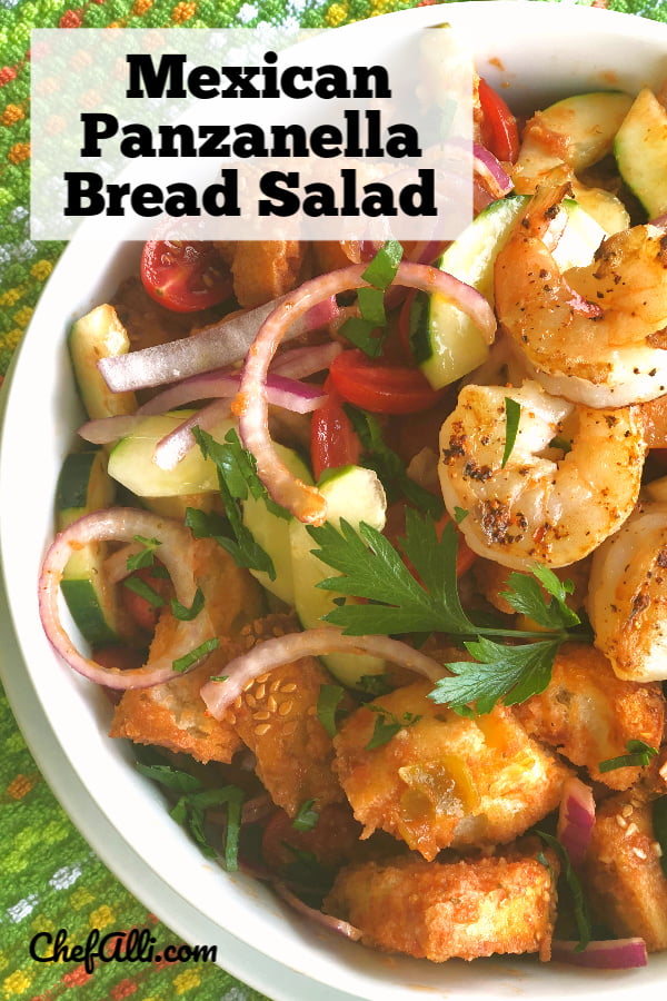 Mexican Panzanella Salad with Steak and Shrimp: This classic Italian bread and tomato salad  goes South of the Border.  Fresh and full of summer, this main-dish salad is a great way to use up those really-ripened tomatoes and that day-old hunk of French bread....soon made into croutons! #Panzanella #Salad #Tuscan #Mexican #MainDishSalad #BreadSalad #Summer