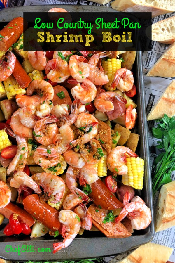 Here's the answer to the perfect summer party: Low Country Sheet-Pan Shrimp Boil! Talk about fun and easy and your guests will squeal with delight. And, as the host, you're going to love it because there's hardly any clean up required. #LowCountry #ShrimpBoil #Shrimp #Cajun #Easy #Andouille #SheetPanMeal #SheetPanDinner