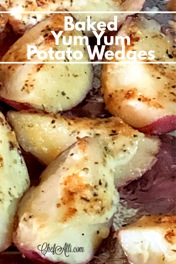 Here's your new show stealer: Baked Yum Yum Potato Wedges! I love to find an empty pan after a meal, and that's exactly what you can look forward to. Nobody can resist these potato wedges with their golden brown, melted topping - they are just irresistible! #potatobake #potatoes #yummy #potatowedges #bakedpotatoes
