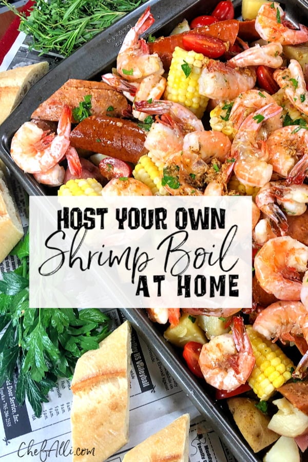 Here's the answer to the perfect summer party: Low Country Sheet-Pan Shrimp Boil! Talk about fun and easy and your guests will squeal with delight. And, as the host, you're going to love it because there's hardly any clean up required. #LowCountry #ShrimpBoil #Shrimp #Cajun #Easy #Andouille #SheetPanMeal #SheetPanDinner