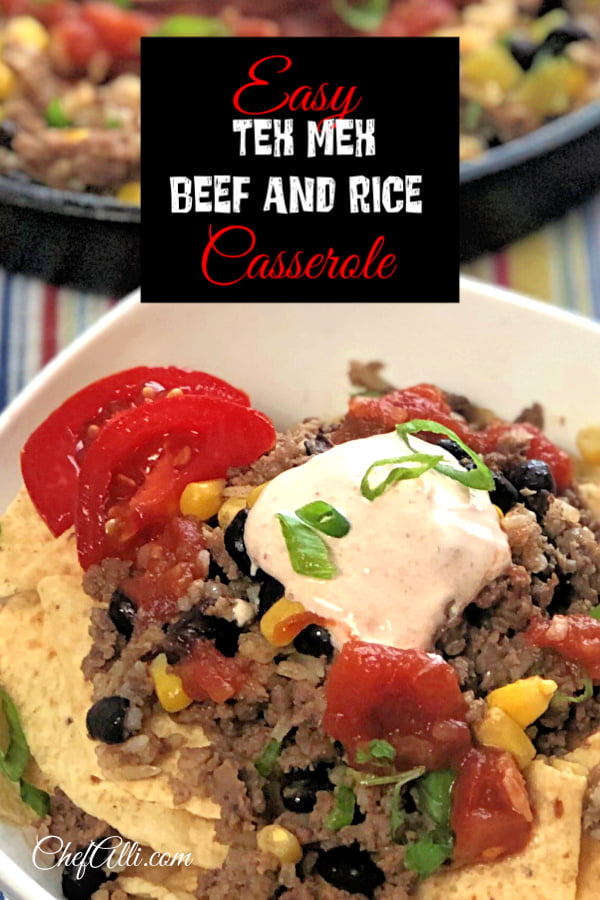 My guys love this one-pan Tex Mex Beef and Rice Casserole meal! I love having another recipe that turns ground beef into a tastmasterpiece that's easy, flavorful, and fast. I made this in my cast iron skillet, but it also works great baked in a casserole dish. #TexMex #GroundBeef #EatBeef #BeefAndRice #Easy #Fast #SkilletMeal #OnePanMeal