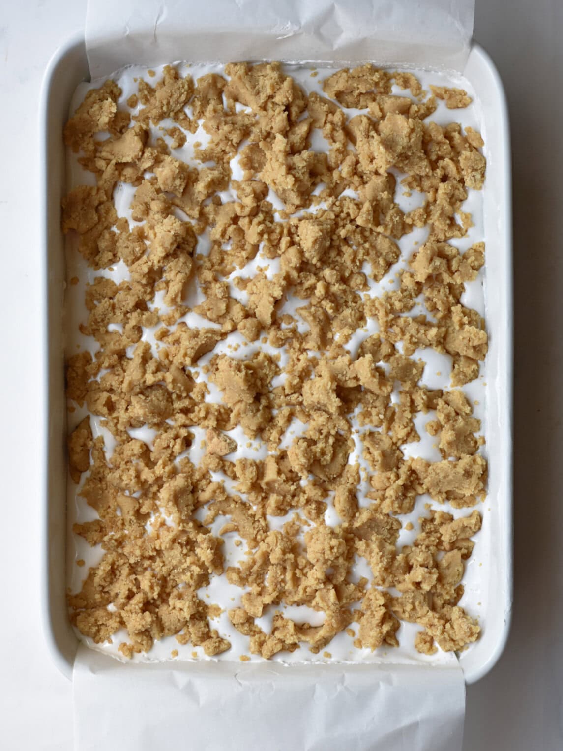 Cookie dough on top of marshmallow layers. 