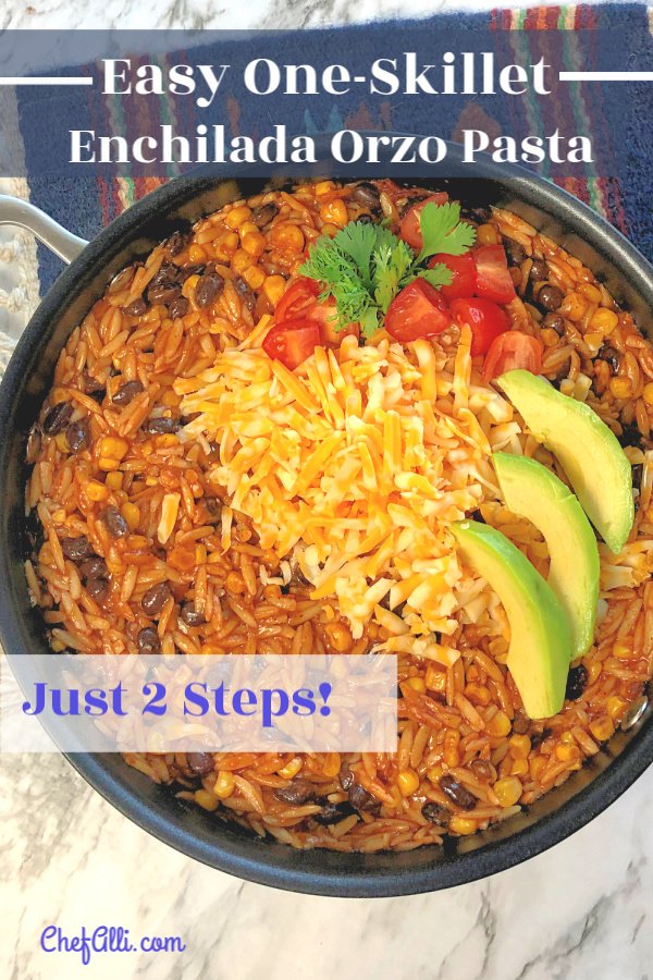 Everybody loves an easy orzo 30-minute meal that features the familiar, festive flavors of Mexican enchiladas, right? We often enjoy a speedy skillet meal like this one that involves just one-pan and only two-steps.  #speedymeal #oneskillet #pasta #onepanmeal #enchiladas #orzo