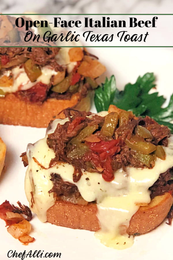 Yay! Here's another easy weeknight dinner your family will go crazy for: Open-Face Italian Beef Sandwiches. This ground beef version of an Italian Classic is flavorful and fast - my guys gave them a giant "thumbs up", thankfully. These oven-baked sandwiches are also a big hit for watch parties on game day, as well.  #ItalianBeef #SubSandwiches  #OvenBaked  #GroundBeef #EatBeef #SpeedyMeal #Easy #Sandwiches