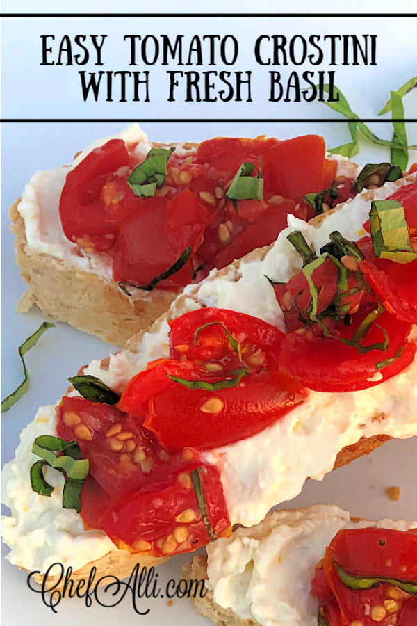 Who knows how many times we've made this easy appetizer when there's tons of homegrown tomatoes coming in from the garden! These Tomato Crostini combine the crispy/chewy texture of the bread with the creamy feta spread and the luscious vine-ripened tomatoes with fresh basil.  #HomegrownTomatoes #Tomatoes #Basil #Appetizer #Feta