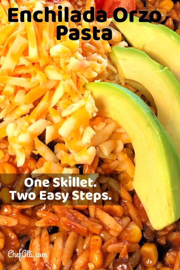 Everybody loves an easy orzo 30-minute meal that features the familiar, festive flavors of Mexican enchiladas, right? We often enjoy a speedy skillet meal like this one that involves just one-pan and only two-steps.  #speedymeal #oneskillet #pasta #onepanmeal #enchiladas #orzo