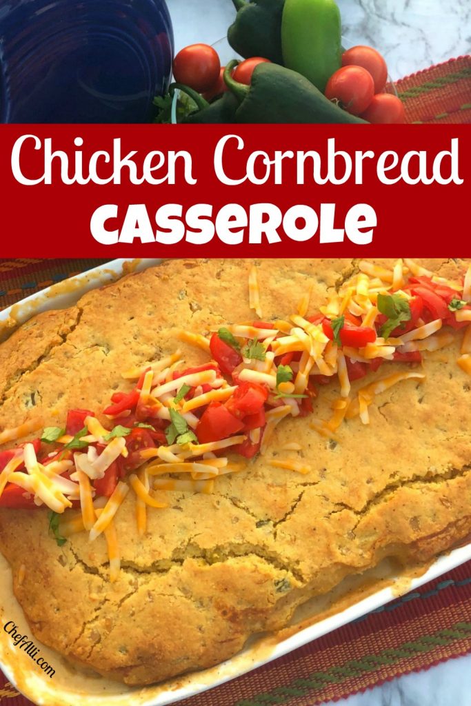 chicken cornbread casserole in 9 x 13 dish with cheese, tomatoes and chilies on top