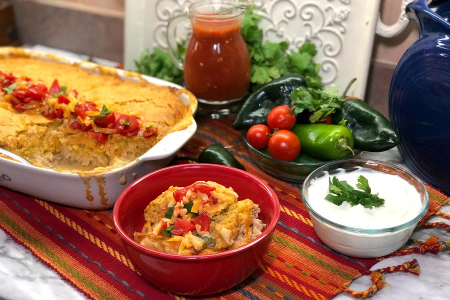 This 9 x 13 casserole is easy and hearty - with a creamy filling and a cornbread topping. #TexMex #chicken #casserole #weeknightmeal  #9x13 #jiffy #comfortfood