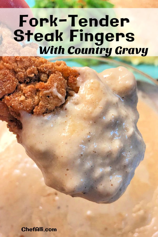 Carnivores Unite! If you're looking for THE BEST Country-Fried Steak Fingers with Cream Gravy, you've arrived! This easy recipe incorporates a reverse-cook method that transforms chewy beef minute-steaks into steak fingers that melt in your mouth.  Perfect tender beef on the inside with a crispy-crunchy coating on the outside. (And extra heavenly when slathered with cream gravy! ) #Beef #MinuteSteaks #ChickenFried #SteakFingers #Crispy #OvenBaked #TenderSteak #CountryGravy  #Easy #Seasoning #Recipe #Mouthwatering #Best #Southern