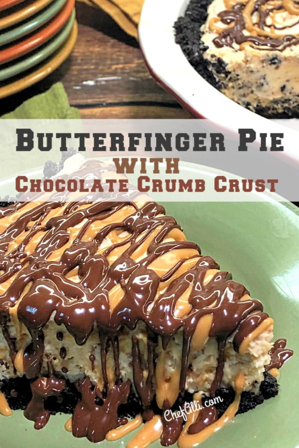 One slice of No-Bake Chocolate Crumb Butterfinger Pie upclose with a partial pie in the back ground.