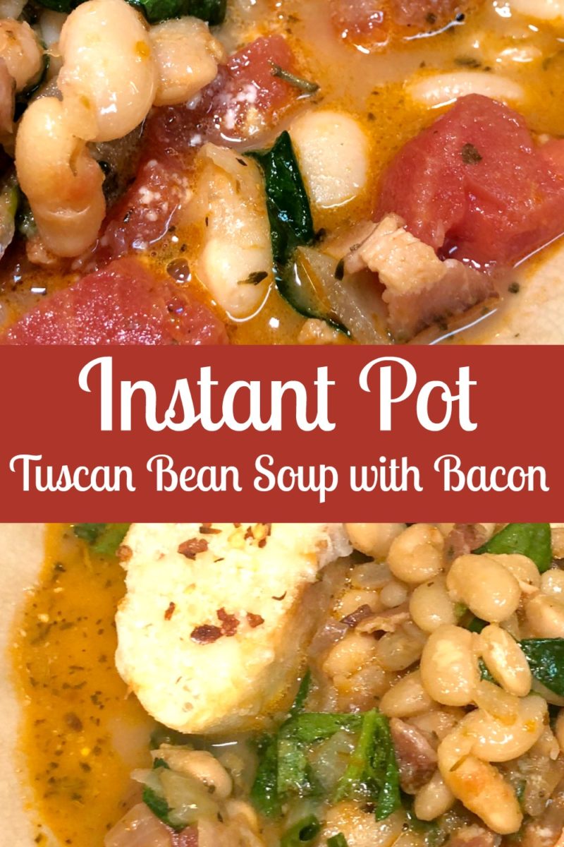 Picture collage featuring two up close pictures of Tuscan Bean Soup with Bacon in a bowl.
