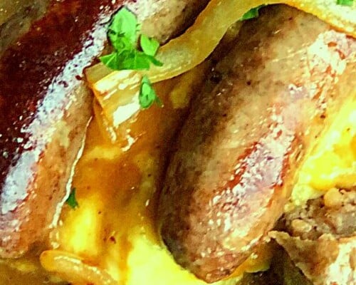 Sausage and mashed potatoes.