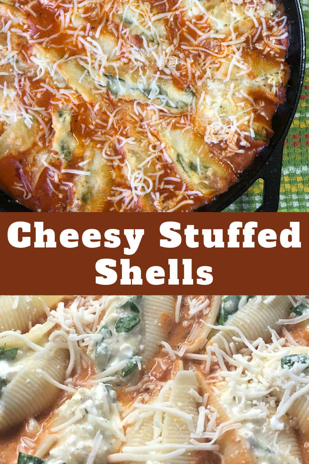 Cheesy Stuffed Pasta Shells baked in a cast iron skillet.