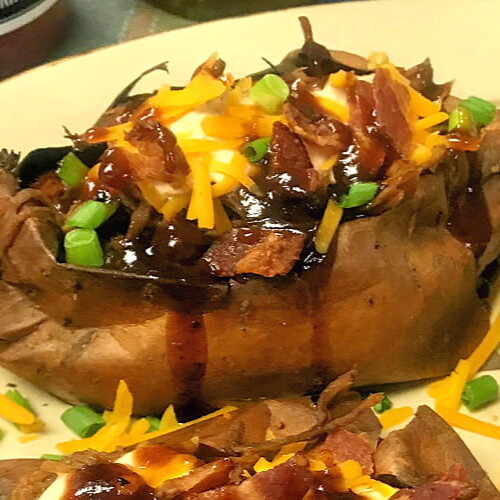 Loaded BBQ Pulled Pork Sweet Potatoes make an easy quick meal.