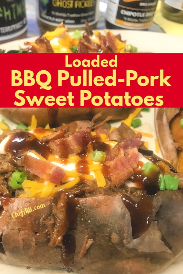 Loaded sweet potatoes stuffed with pulled pork and toppings make a yummy meal. 