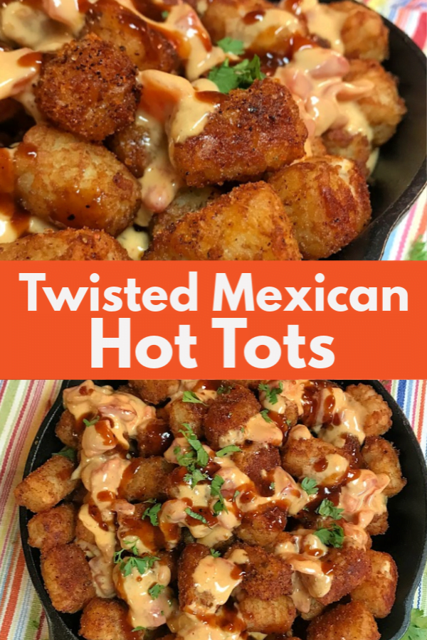 Twisted Mexican Hot Tots layered into a cast iron skillet with queso. 
