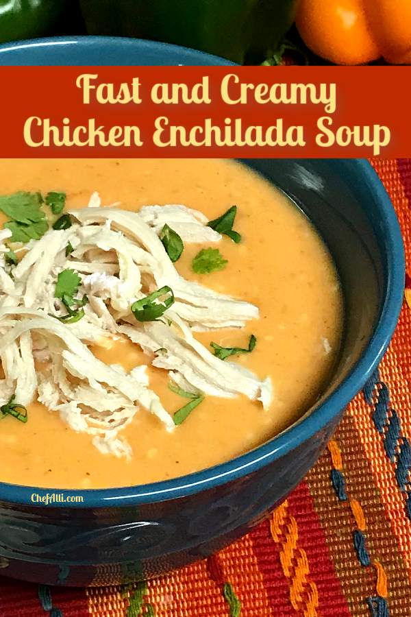 chicken topped soup in a bowl. 