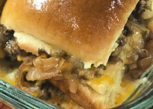 Patty Melt Sliders - ground beef and cheese with caramelized onions.