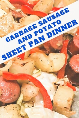 Kielbasa, cabbage and potatoes roasted with red bell pepper. 