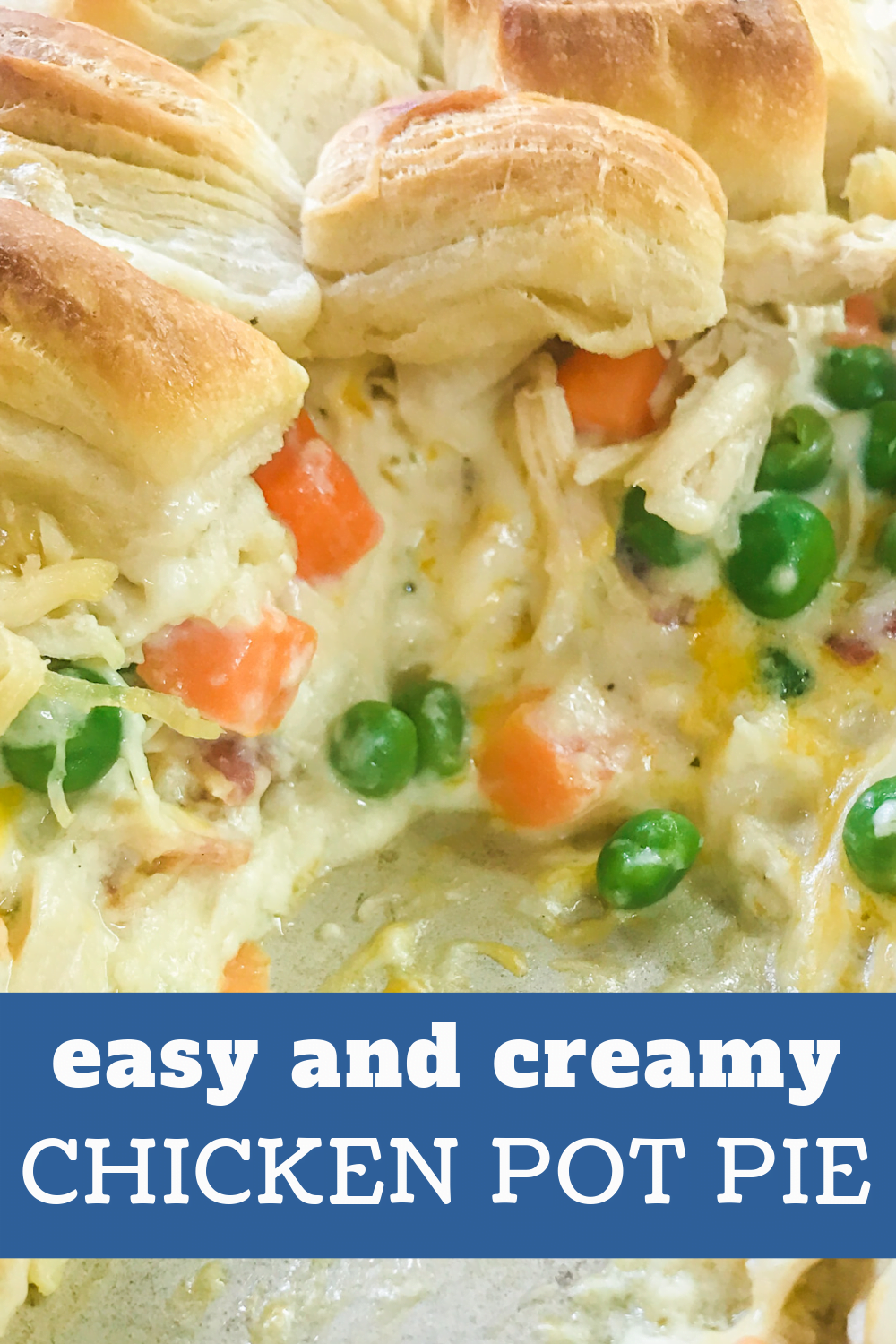 Creamy chicken pot pie filling with biscuits on top. 