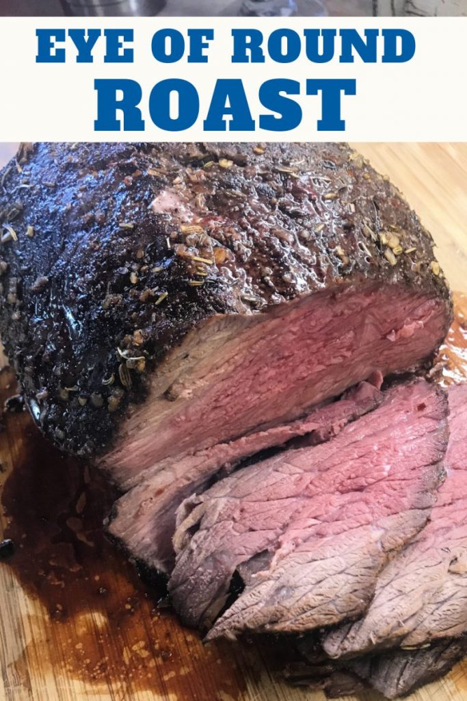 A whole eye of round roast with a few slices cut. 