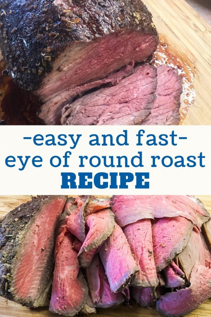 Beautiful eye of round roast slices that are medium rare in doneness. 
