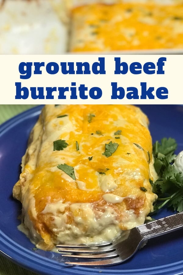 A serving of creamy baked burritos on a blue plate. 