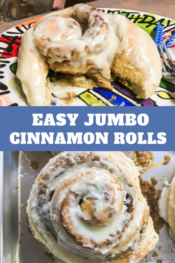 Homemade jumbo cinnamon rolls with frosting.