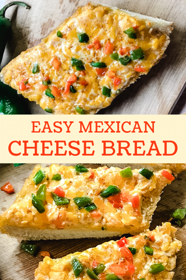 Sliced cheese bread with bell pepper topping placed onto a cutting board. 