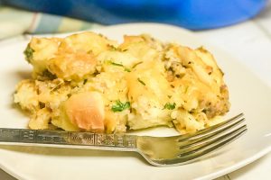 A serving of sausage and egg breakfast casserole.