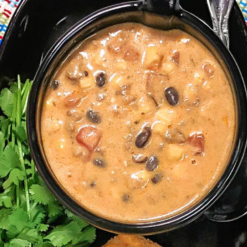 Creamiest taco soup with ground beef and black beans.