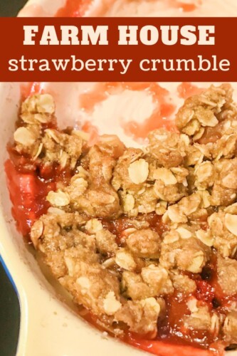 Baked oatmeal topping over oozing strawberries in a casserole dish. 