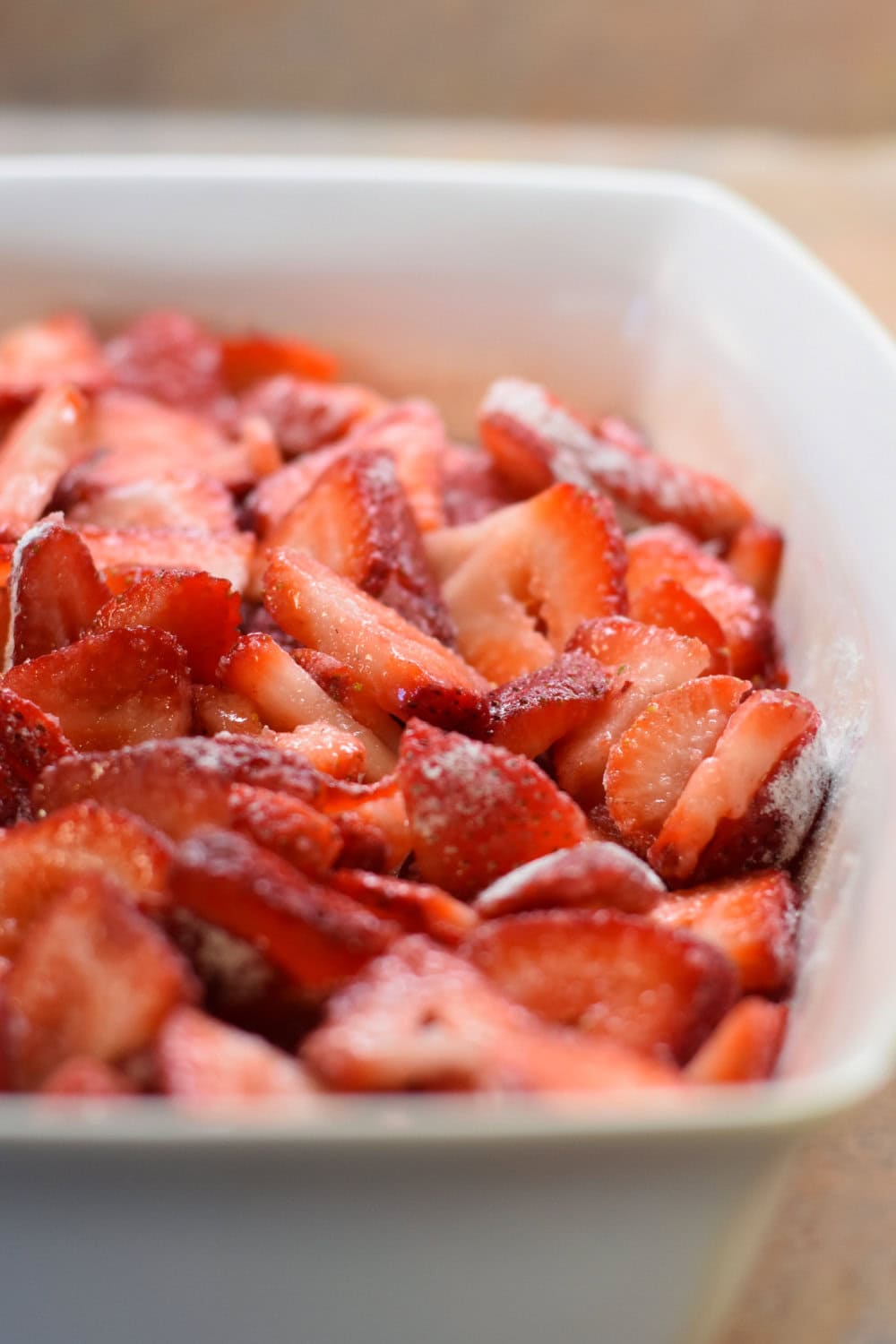 Sliced strawberries tossed with cornstarch and sugar. 