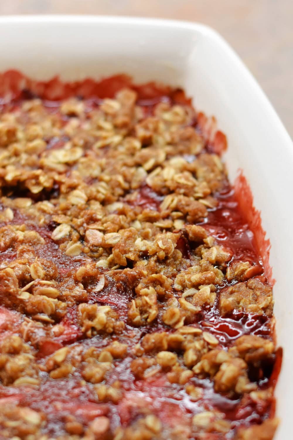 Hot from the oven, a pan of Strawberry Crumble. 