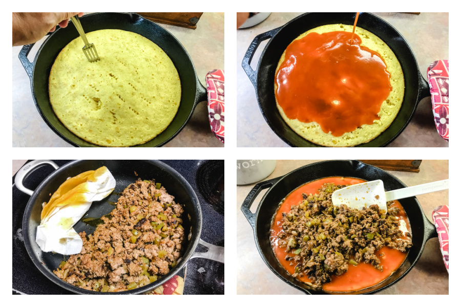 the steps to making Tex Mex Cornbread casserole in a cast iron skillet