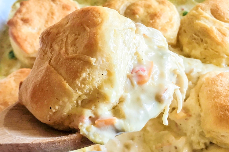 A big serving of creamy chicken and biscuits.