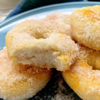 Warm Air Fryer Sugar Doughnuts on a blue plate.