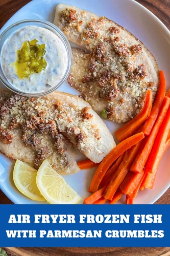 Air Fryer Fish Fillets with Parmesan Crumbles with carrots on the side. 