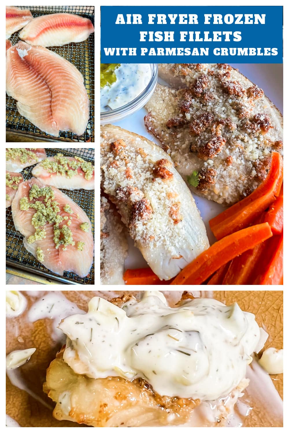 Air Fryer Fish with golden brown parmesan crumbles on top. 