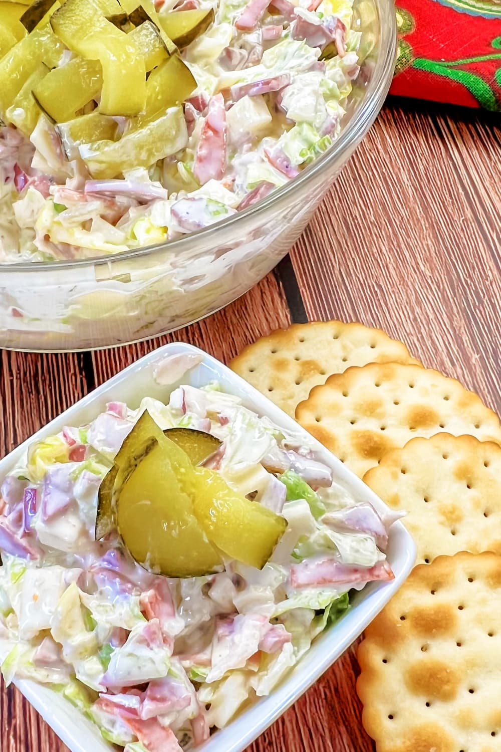 Bowls of Italian Hoagie Dip with crackers for dipping. 